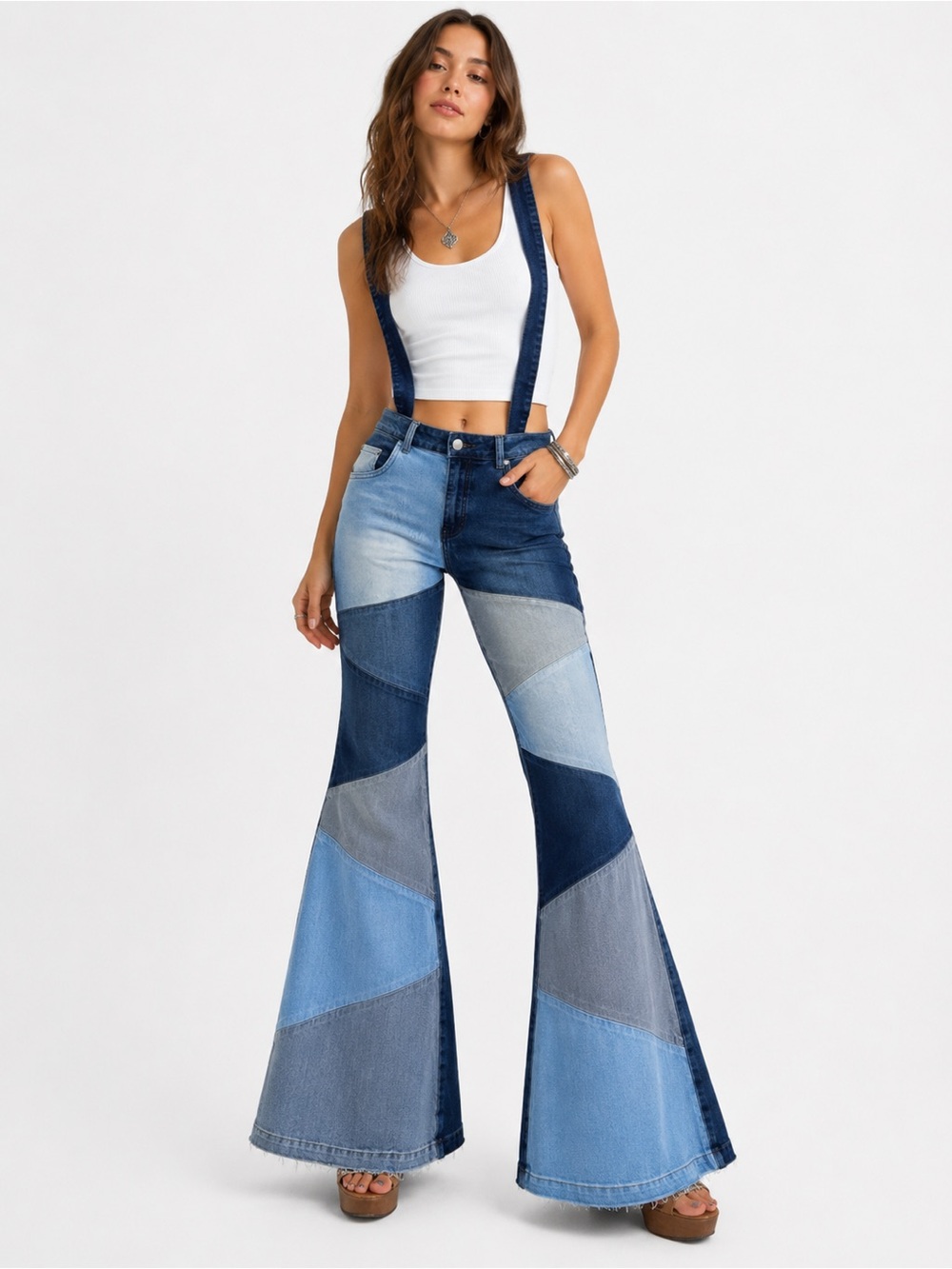 American Bazi Patchwork Flare Jeans Suspenders Raw Hem Y2K Boho Size Medium